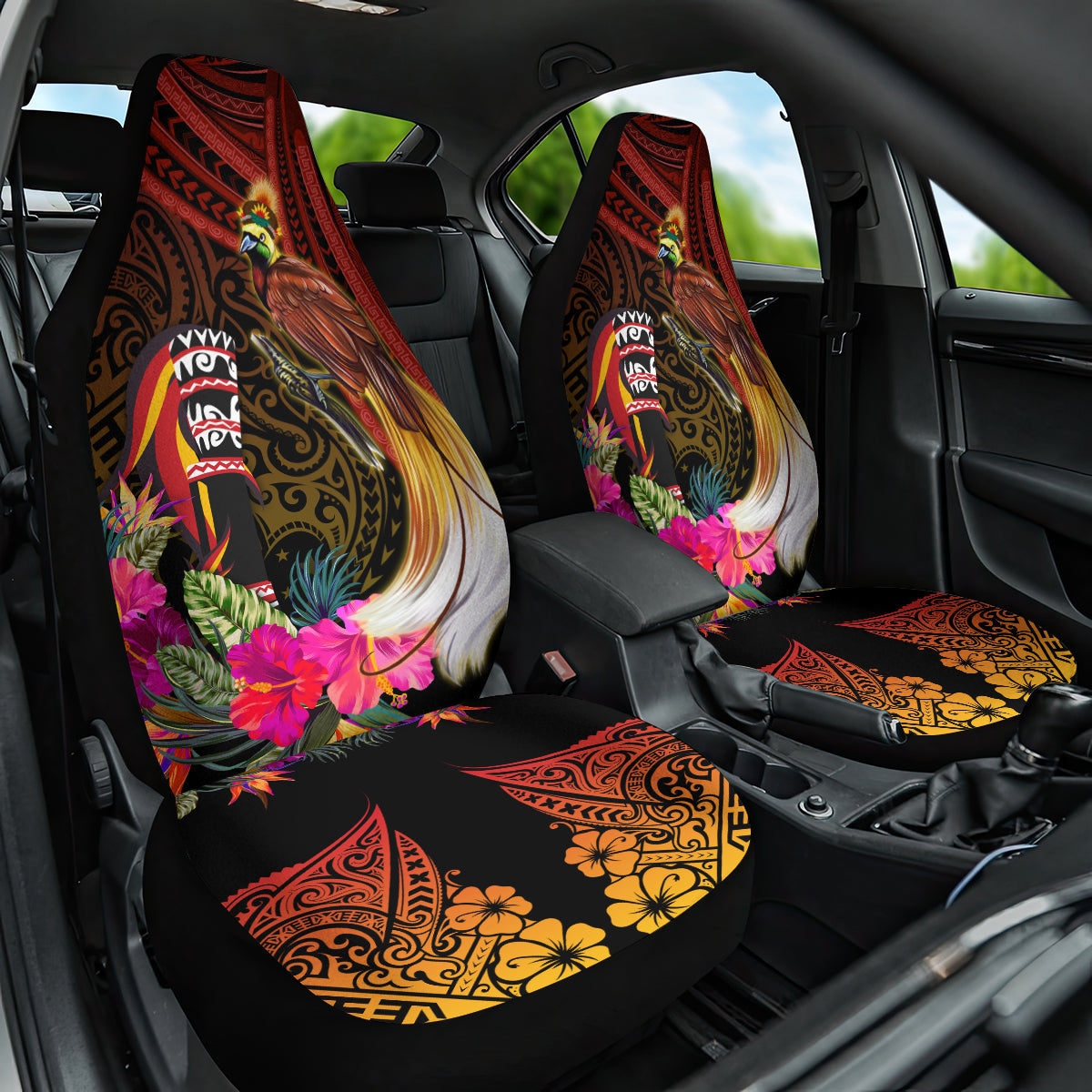 Papua New Guinea Bird-of-Paradise Car Seat Cover Hibiscus and Kundu Drum Tribal Pattern