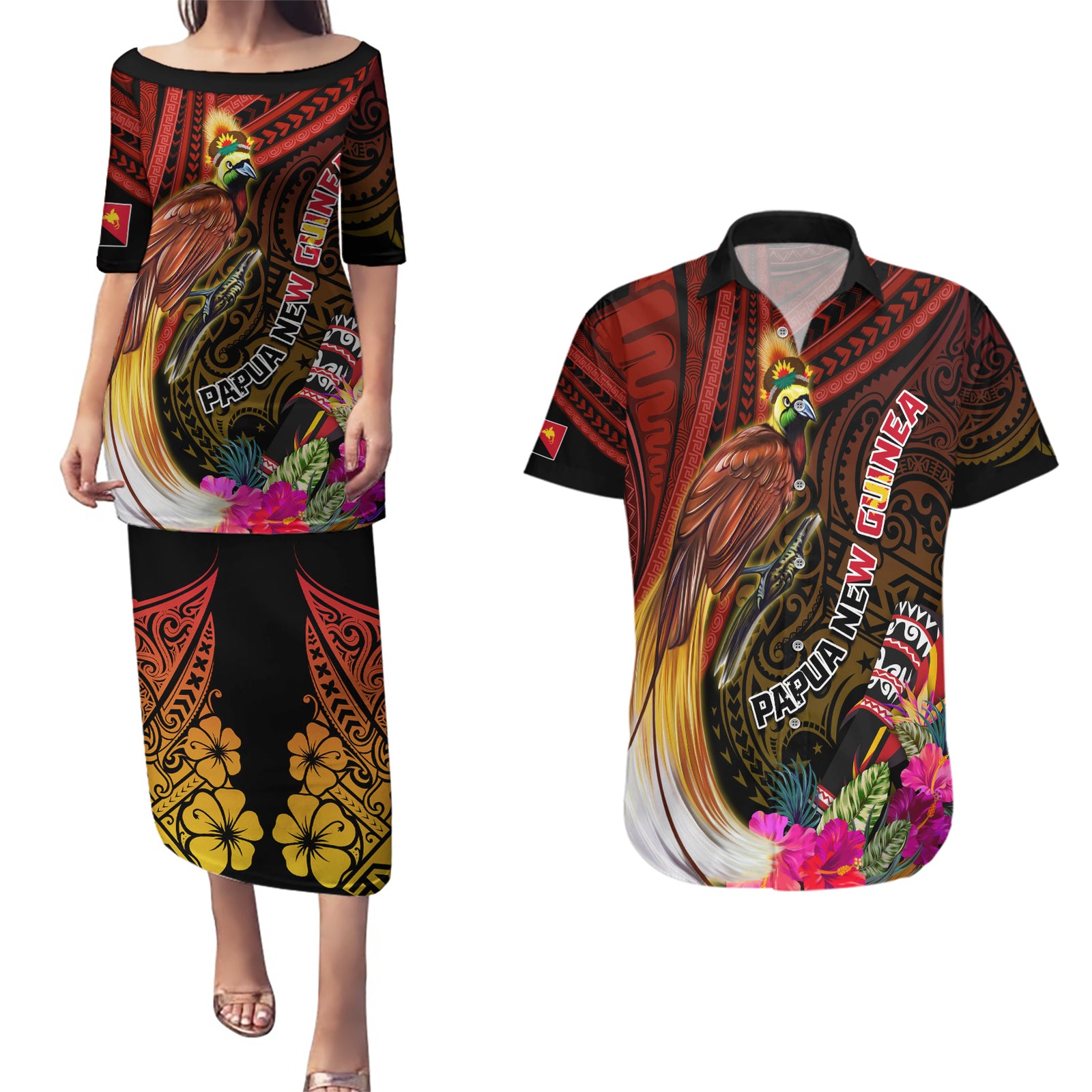 Papua New Guinea Bird-of-Paradise Couples Matching Puletasi and Hawaiian Shirt Hibiscus and Kundu Drum Tribal Pattern LT03 Yellow - Polynesian Pride