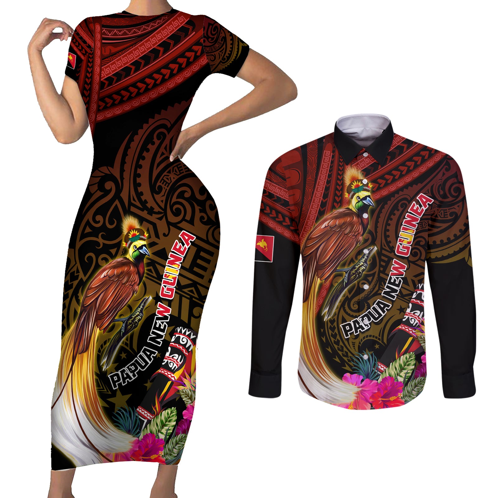 Papua New Guinea Bird-of-Paradise Couples Matching Short Sleeve Bodycon Dress and Long Sleeve Button Shirt Hibiscus and Kundu Drum Tribal Pattern LT03 Yellow - Polynesian Pride