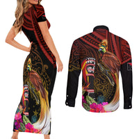 Papua New Guinea Bird-of-Paradise Couples Matching Short Sleeve Bodycon Dress and Long Sleeve Button Shirt Hibiscus and Kundu Drum Tribal Pattern LT03 - Polynesian Pride