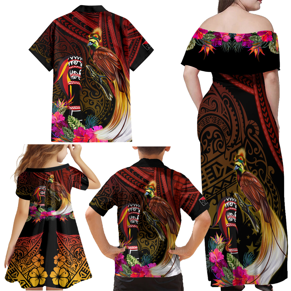 Papua New Guinea Bird-of-Paradise Family Matching Off Shoulder Maxi Dress and Hawaiian Shirt Hibiscus and Kundu Drum Tribal Pattern LT03 - Polynesian Pride