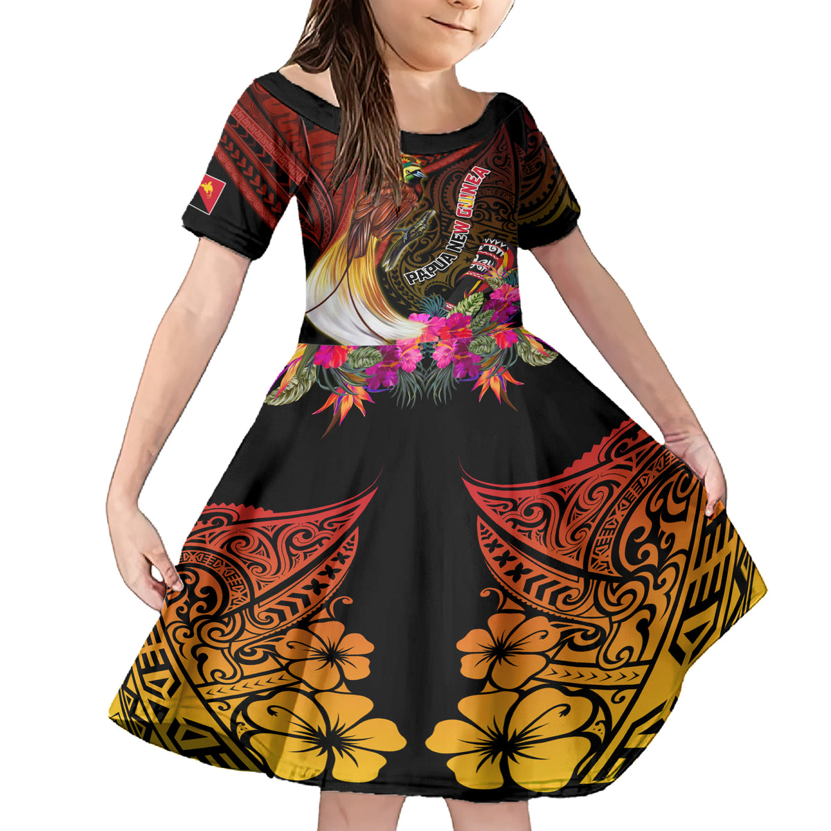 Papua New Guinea Bird-of-Paradise Family Matching Short Sleeve Bodycon Dress and Hawaiian Shirt Hibiscus and Kundu Drum Tribal Pattern LT03 Daughter's Dress Yellow - Polynesian Pride
