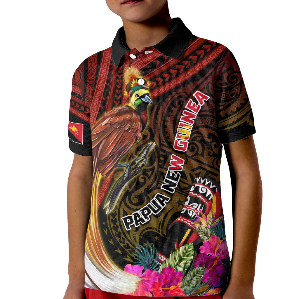 Papua New Guinea Bird-of-Paradise Kid Polo Shirt Hibiscus and Kundu Drum Tribal Pattern LT03 Kid Yellow - Polynesian Pride