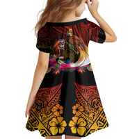 Papua New Guinea Bird-of-Paradise Kid Short Sleeve Dress Hibiscus and Kundu Drum Tribal Pattern LT03 - Polynesian Pride