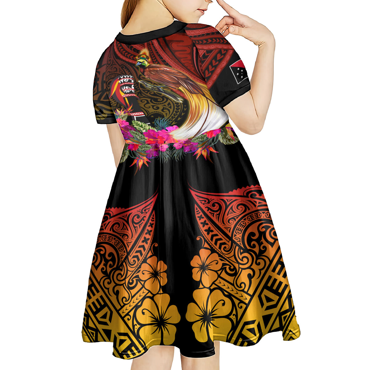 Papua New Guinea Bird-of-Paradise Kid Short Sleeve Dress Hibiscus and Kundu Drum Tribal Pattern LT03 - Polynesian Pride