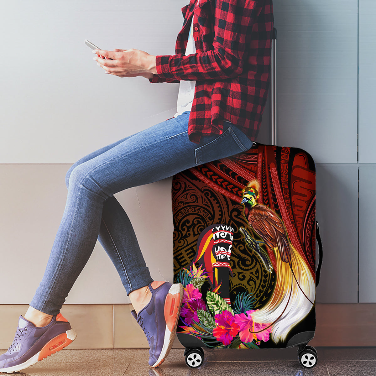 Papua New Guinea Bird-of-Paradise Luggage Cover Hibiscus and Kundu Drum Tribal Pattern