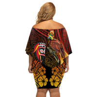 Papua New Guinea Bird-of-Paradise Off Shoulder Short Dress Hibiscus and Kundu Drum Tribal Pattern LT03 - Polynesian Pride