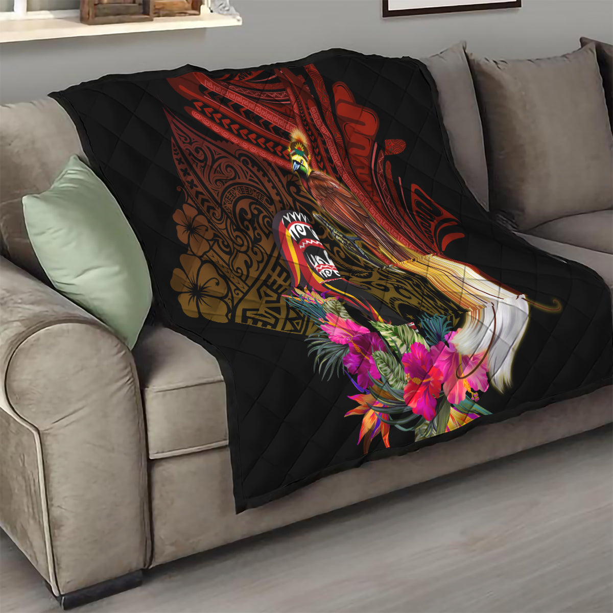 Papua New Guinea Bird-of-Paradise Quilt Hibiscus and Kundu Drum Tribal Pattern