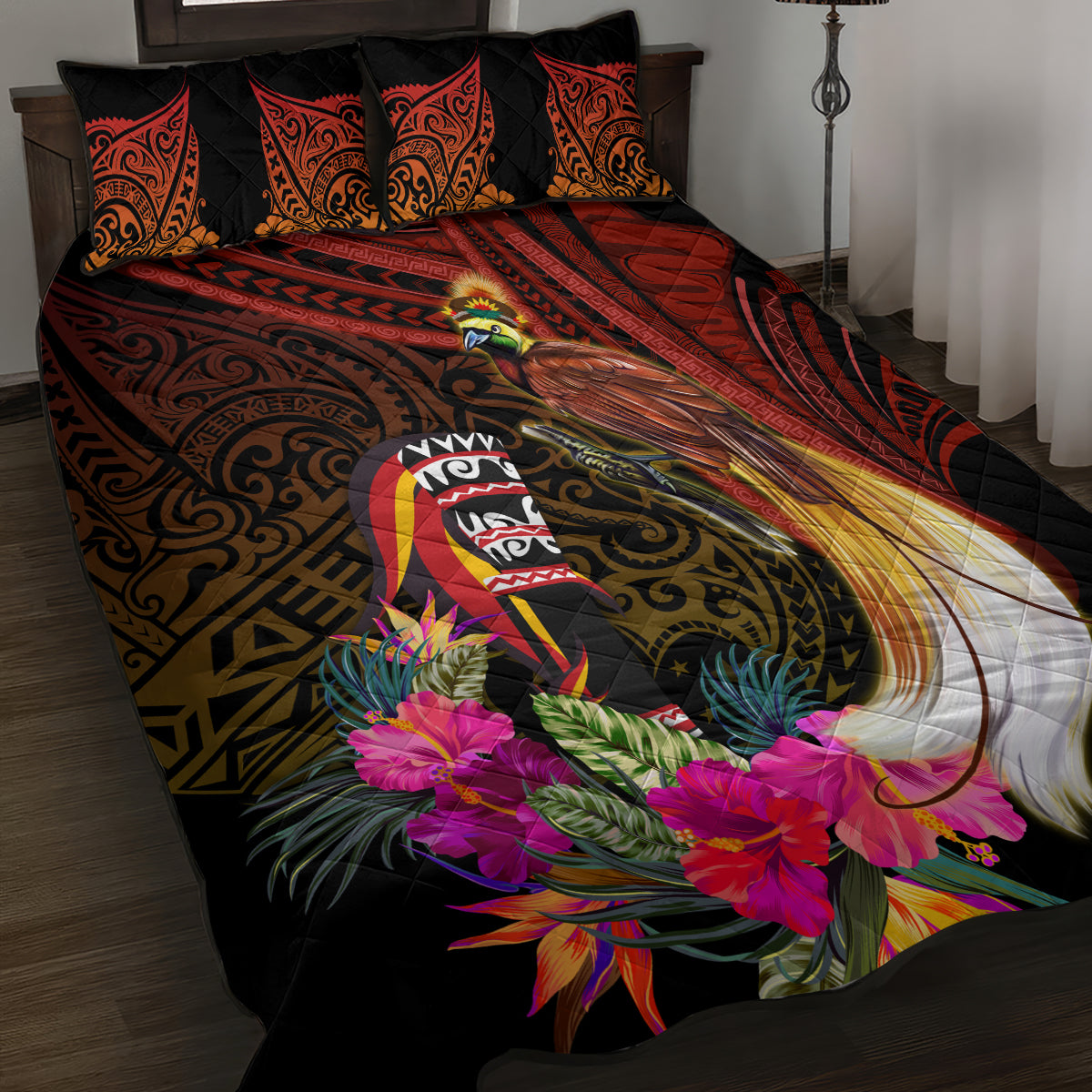Papua New Guinea Bird-of-Paradise Quilt Bed Set Hibiscus and Kundu Drum Tribal Pattern