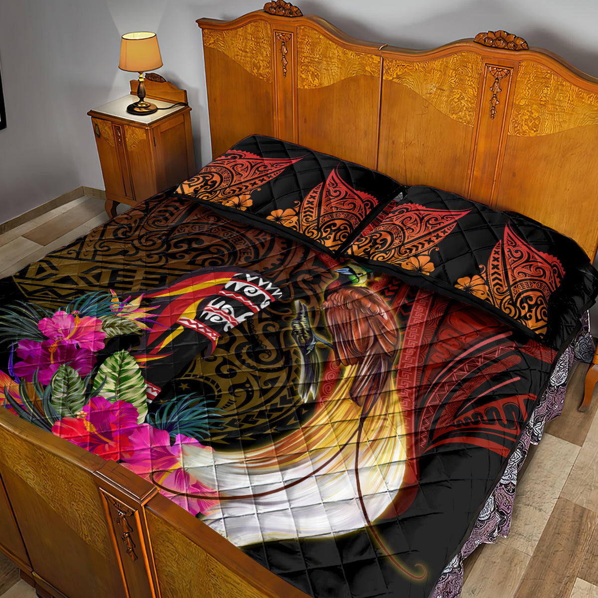 Papua New Guinea Bird-of-Paradise Quilt Bed Set Hibiscus and Kundu Drum Tribal Pattern