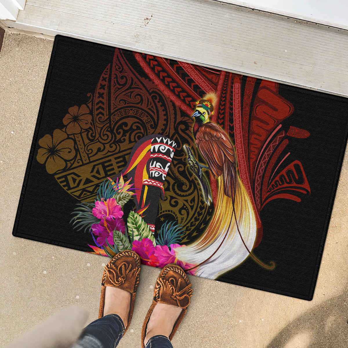 Papua New Guinea Bird-of-Paradise Rubber Doormat Hibiscus and Kundu Drum Tribal Pattern
