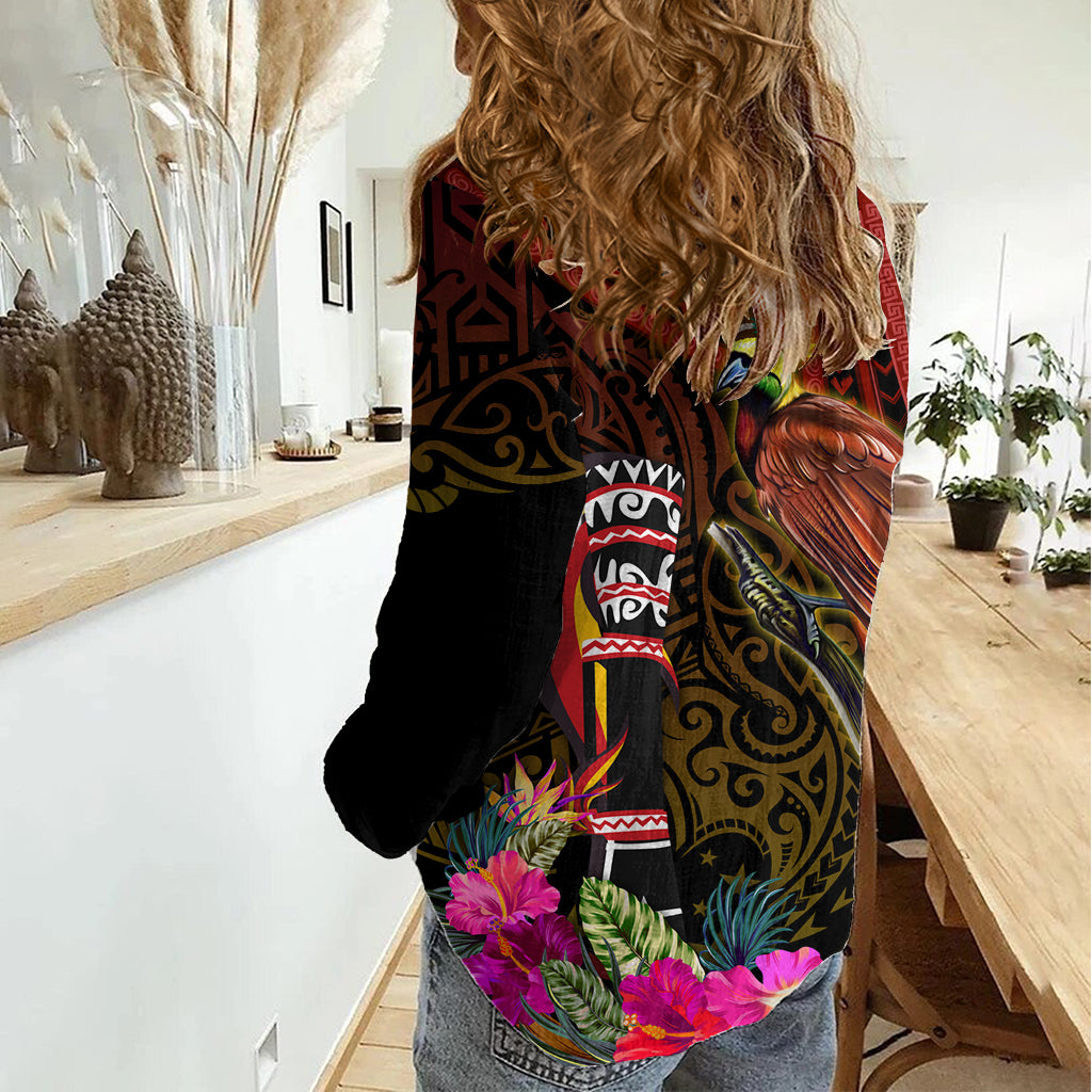Papua New Guinea Bird-of-Paradise Women Casual Shirt Hibiscus and Kundu Drum Tribal Pattern LT03 - Polynesian Pride