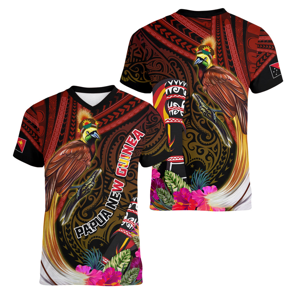 Papua New Guinea Bird-of-Paradise Women V Neck T Shirt Hibiscus and Kundu Drum Tribal Pattern LT03 - Polynesian Pride