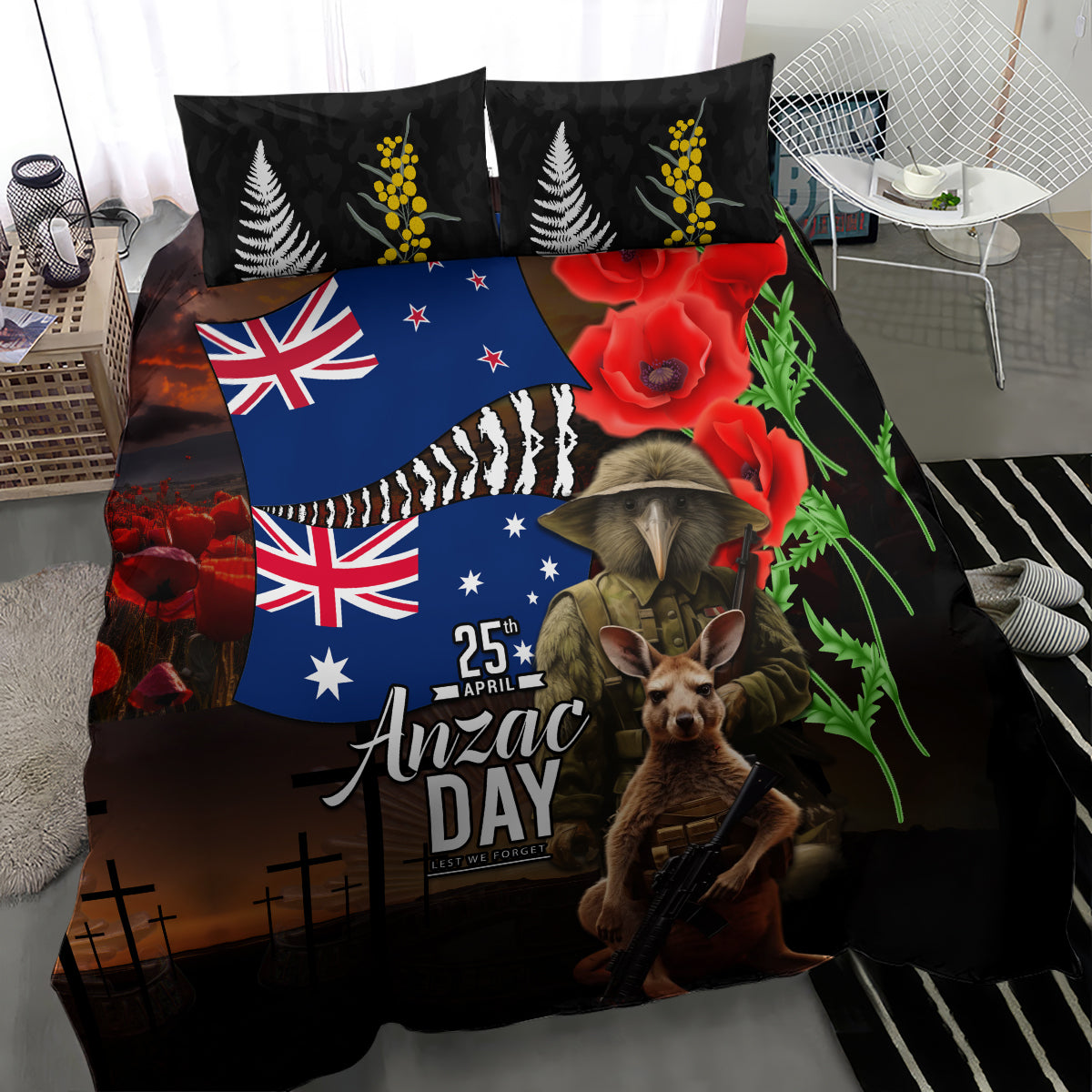 New Zealand and Australia ANZAC Day Bedding Set National Flag mix Kiwi Bird and Kangaroo Soldier Style
