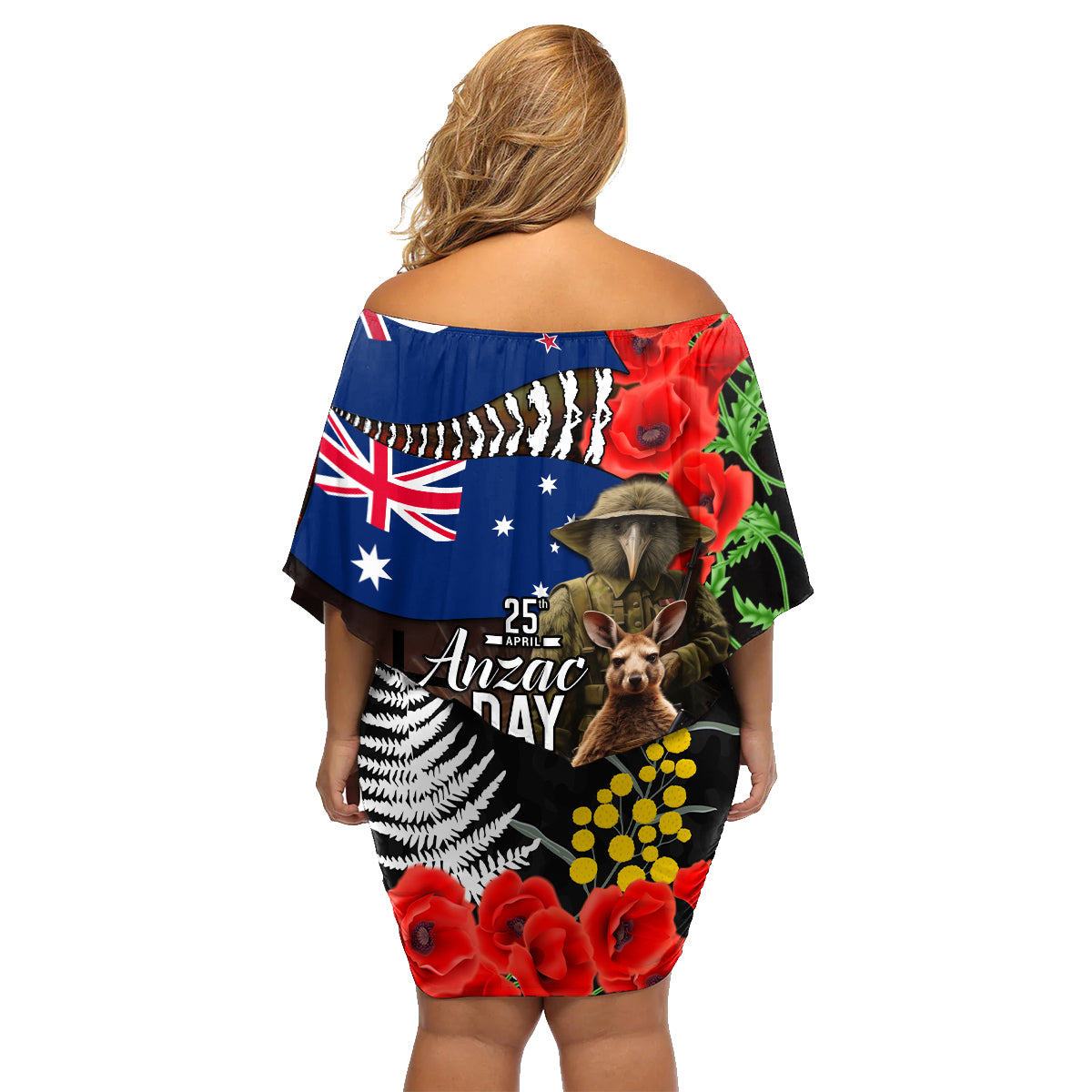 New Zealand and Australia ANZAC Day Family Matching Off Shoulder Short Dress and Hawaiian Shirt National Flag mix Kiwi Bird and Kangaroo Soldier Style LT03 - Polynesian Pride