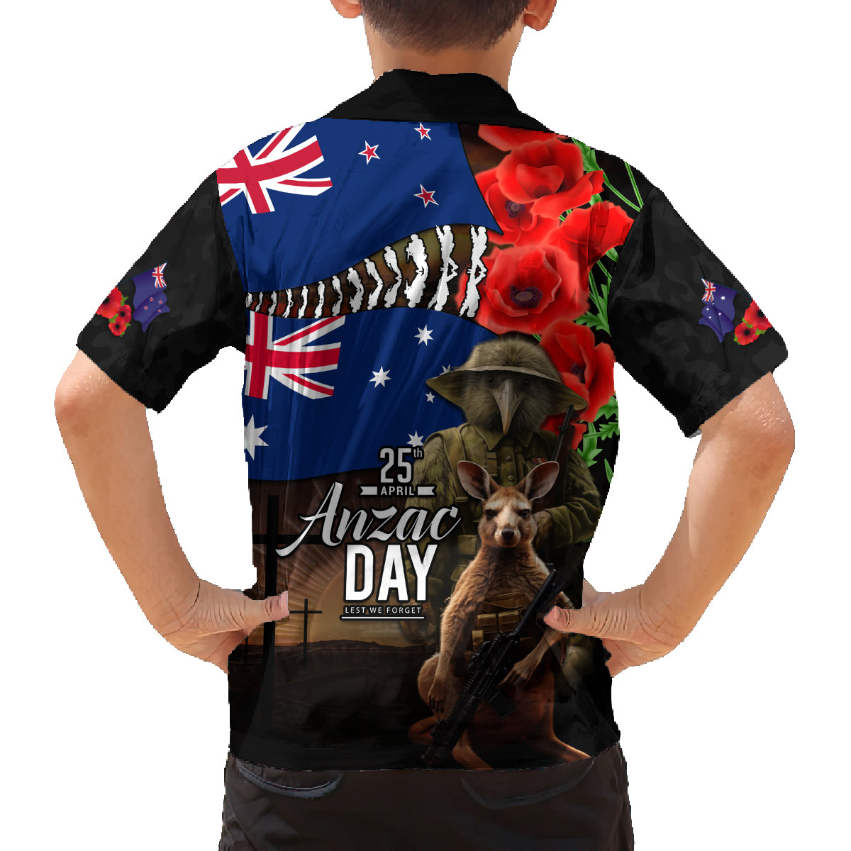 New Zealand and Australia ANZAC Day Family Matching Summer Maxi Dress and Hawaiian Shirt National Flag mix Kiwi Bird and Kangaroo Soldier Style LT03 - Polynesian Pride