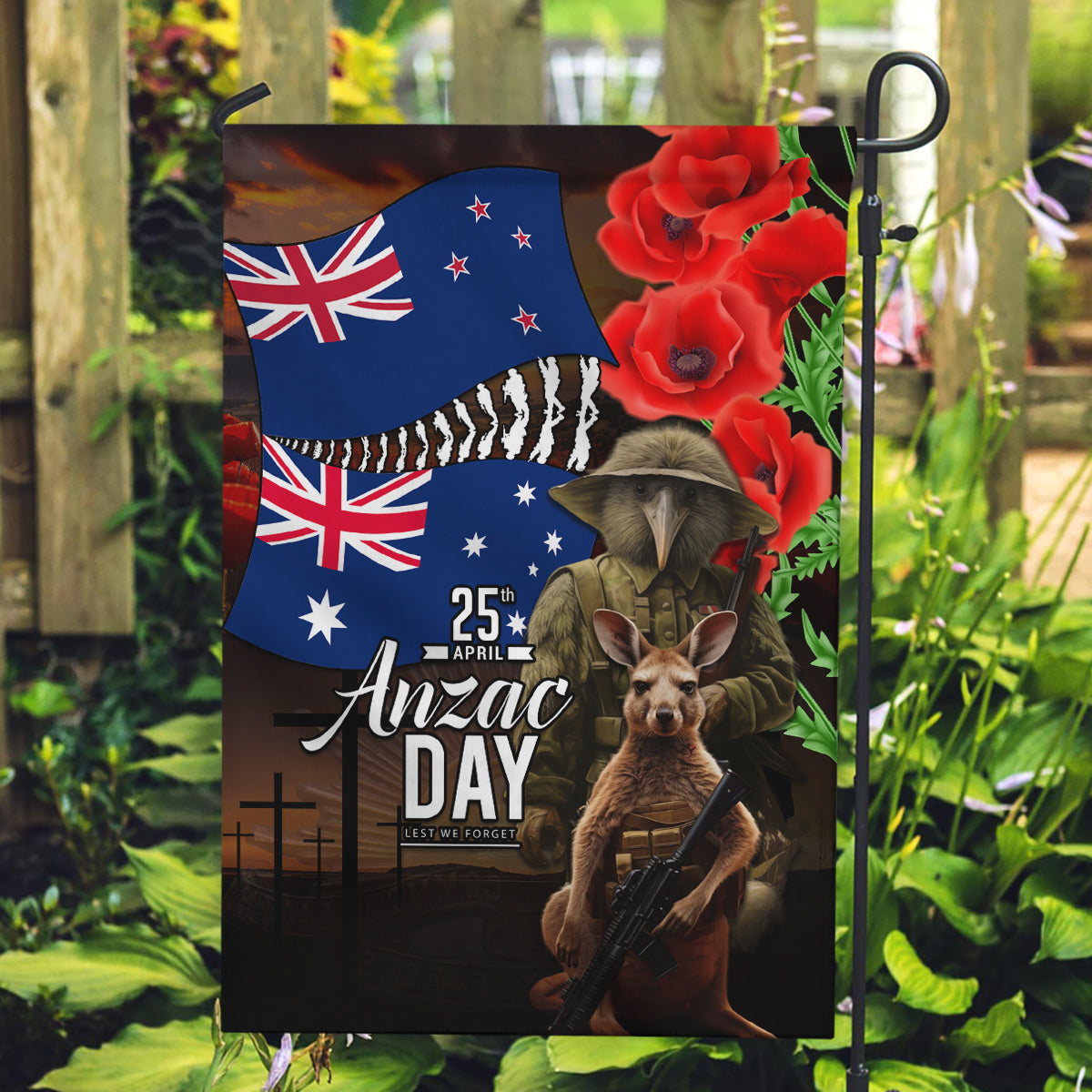 New Zealand and Australia ANZAC Day Garden Flag National Flag mix Kiwi Bird and Kangaroo Soldier Style LT03 Garden Flag Black - Polynesian Pride