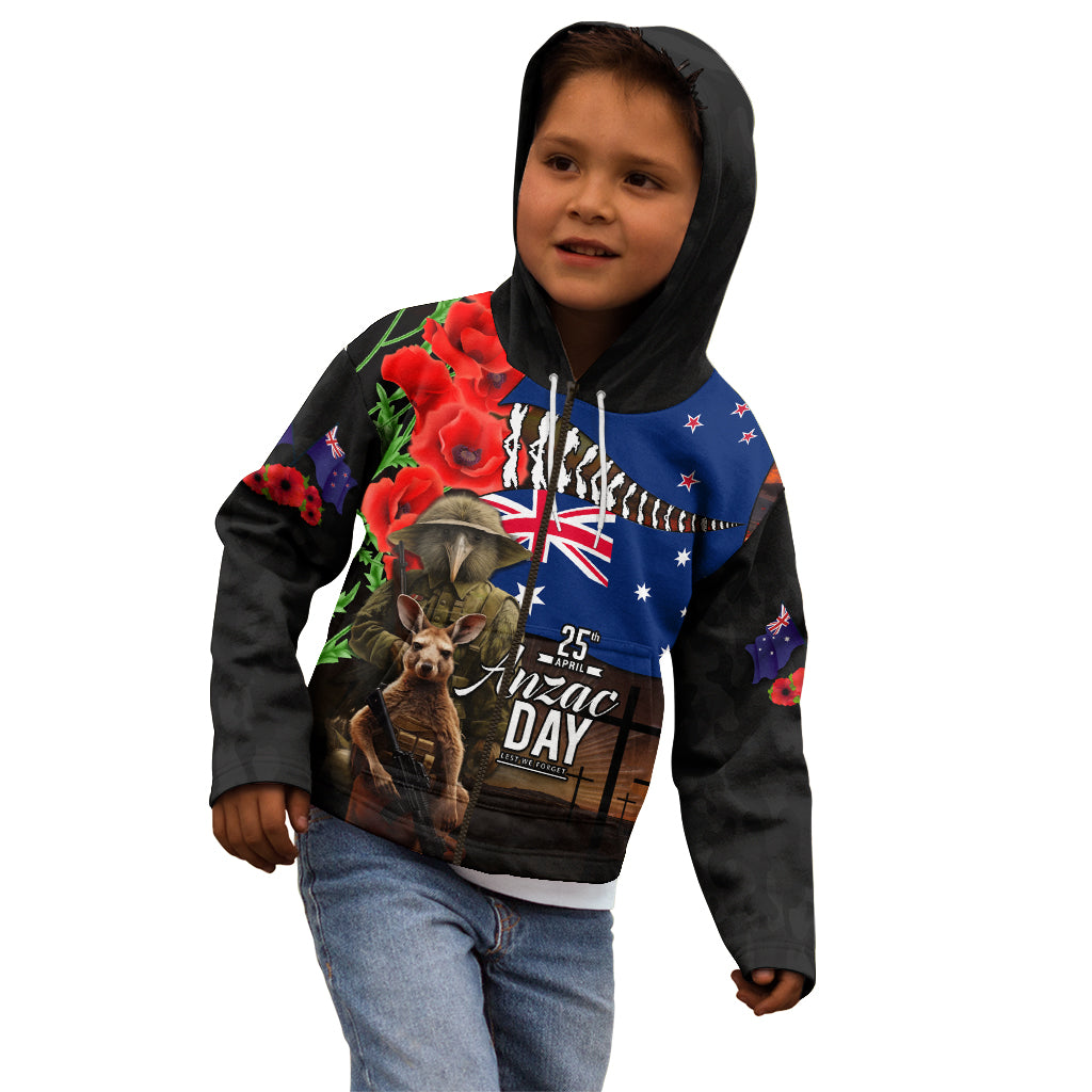 New Zealand and Australia ANZAC Day Kid Hoodie National Flag mix Kiwi Bird and Kangaroo Soldier Style LT03 - Polynesian Pride