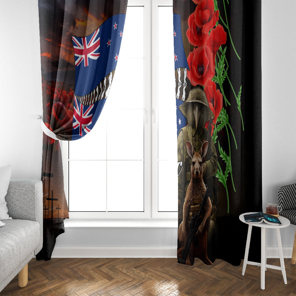 New Zealand and Australia ANZAC Day Window Curtain National Flag mix Kiwi Bird and Kangaroo Soldier Style