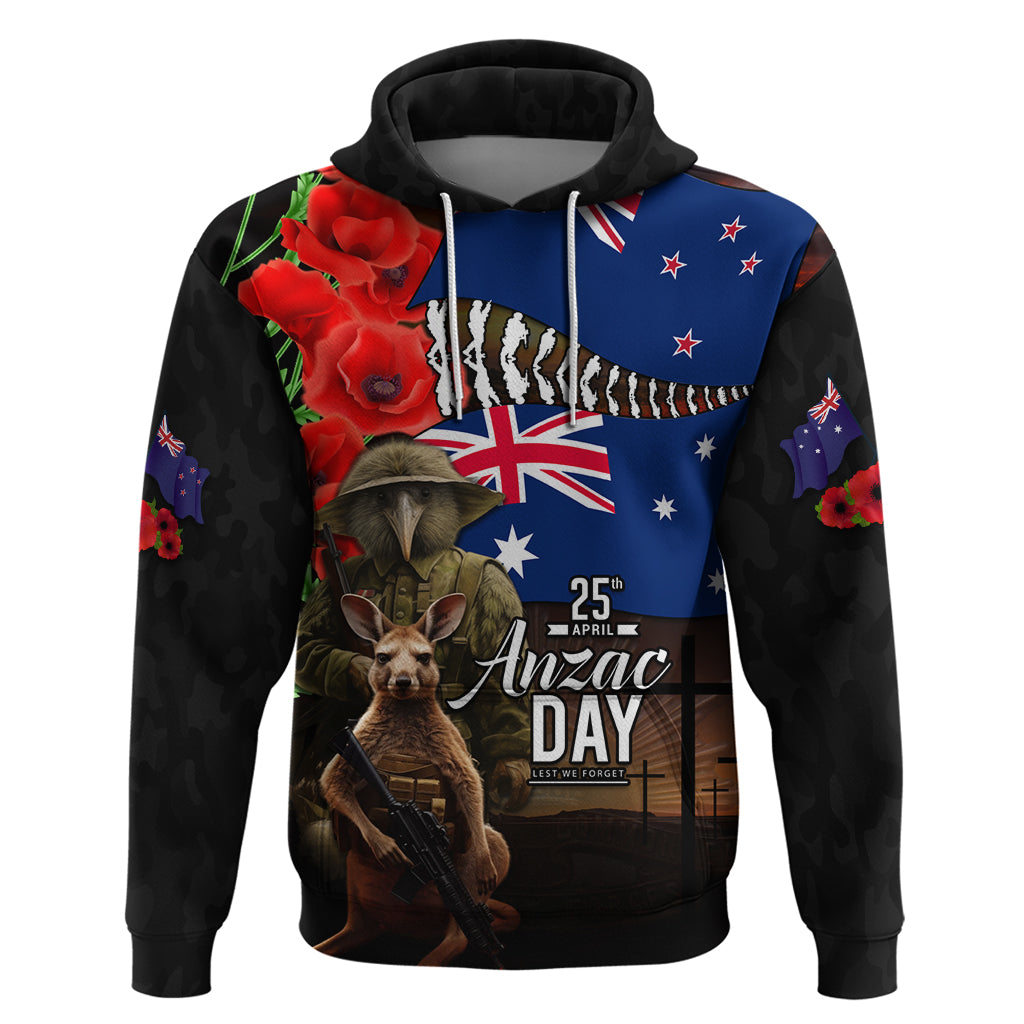 New Zealand and Australia ANZAC Day Zip Hoodie National Flag mix Kiwi Bird and Kangaroo Soldier Style LT03 Pullover Hoodie Black - Polynesian Pride