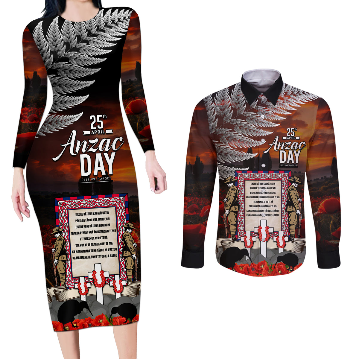 New Zealand ANZAC Day Couples Matching Long Sleeve Bodycon Dress and Long Sleeve Button Shirt The Ode of Remembrance and Silver Fern LT03 Black - Polynesian Pride