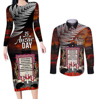 New Zealand ANZAC Day Couples Matching Long Sleeve Bodycon Dress and Long Sleeve Button Shirt The Ode of Remembrance and Silver Fern LT03 Black - Polynesian Pride