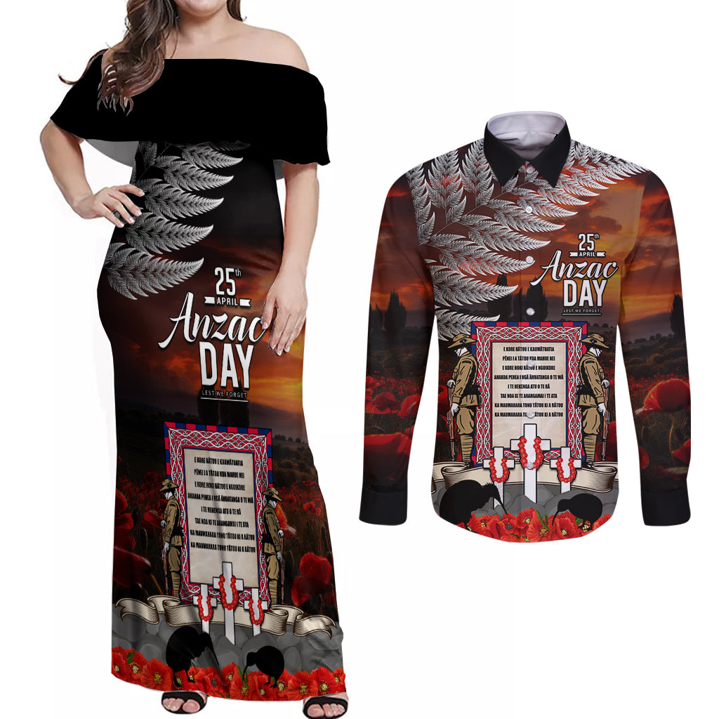 New Zealand ANZAC Day Couples Matching Off Shoulder Maxi Dress and Long Sleeve Button Shirt The Ode of Remembrance and Silver Fern LT03 Black - Polynesian Pride