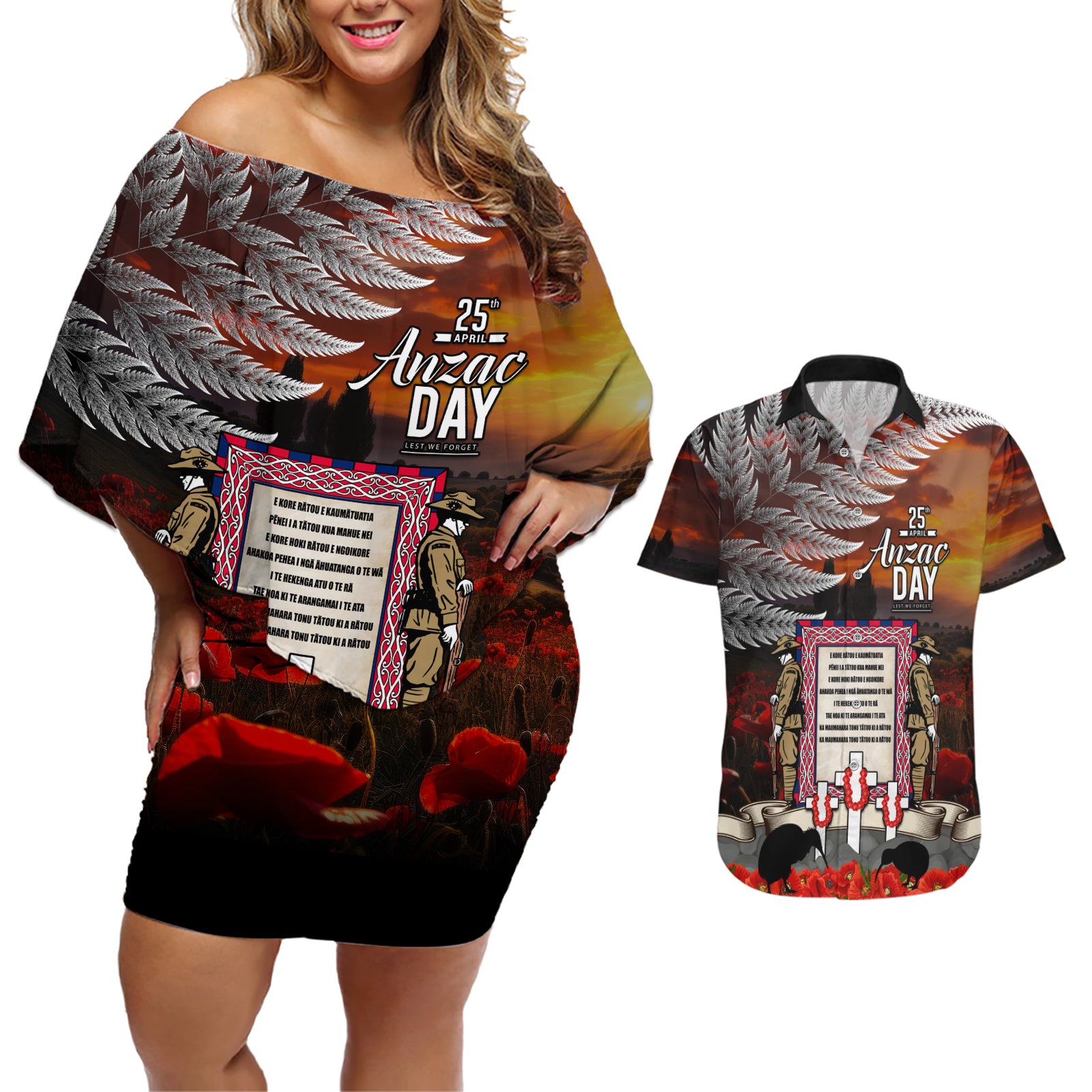 New Zealand ANZAC Day Couples Matching Off Shoulder Short Dress and Hawaiian Shirt The Ode of Remembrance and Silver Fern LT03 Black - Polynesian Pride