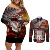 New Zealand ANZAC Day Couples Matching Off Shoulder Short Dress and Long Sleeve Button Shirt The Ode of Remembrance and Silver Fern LT03 Black - Polynesian Pride