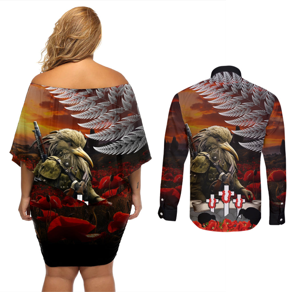New Zealand ANZAC Day Couples Matching Off Shoulder Short Dress and Long Sleeve Button Shirt The Ode of Remembrance and Silver Fern LT03 - Polynesian Pride