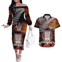 New Zealand ANZAC Day Couples Matching Off The Shoulder Long Sleeve Dress and Hawaiian Shirt The Ode of Remembrance and Silver Fern LT03 Black - Polynesian Pride