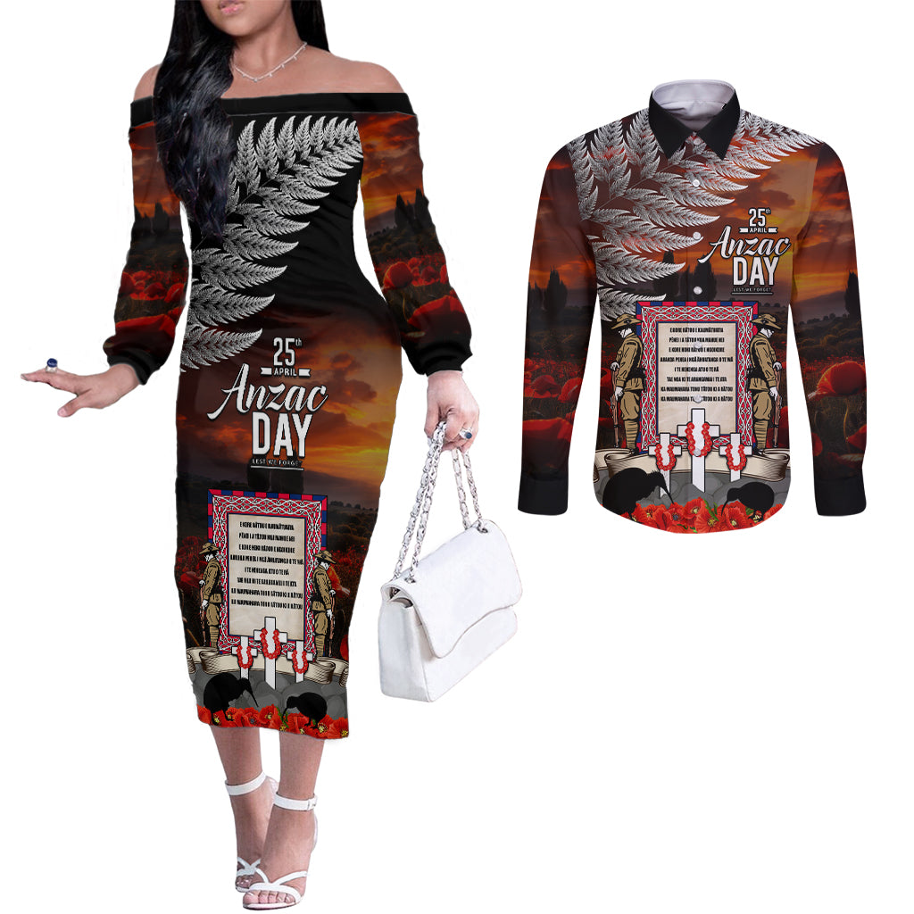 New Zealand ANZAC Day Couples Matching Off The Shoulder Long Sleeve Dress and Long Sleeve Button Shirt The Ode of Remembrance and Silver Fern LT03 Black - Polynesian Pride