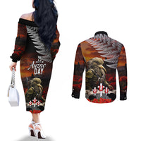 New Zealand ANZAC Day Couples Matching Off The Shoulder Long Sleeve Dress and Long Sleeve Button Shirt The Ode of Remembrance and Silver Fern LT03 - Polynesian Pride