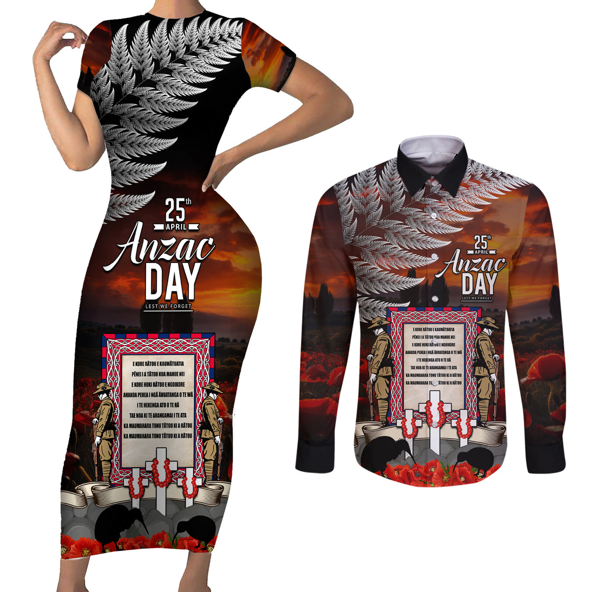 New Zealand ANZAC Day Couples Matching Short Sleeve Bodycon Dress and Long Sleeve Button Shirt The Ode of Remembrance and Silver Fern LT03 Black - Polynesian Pride
