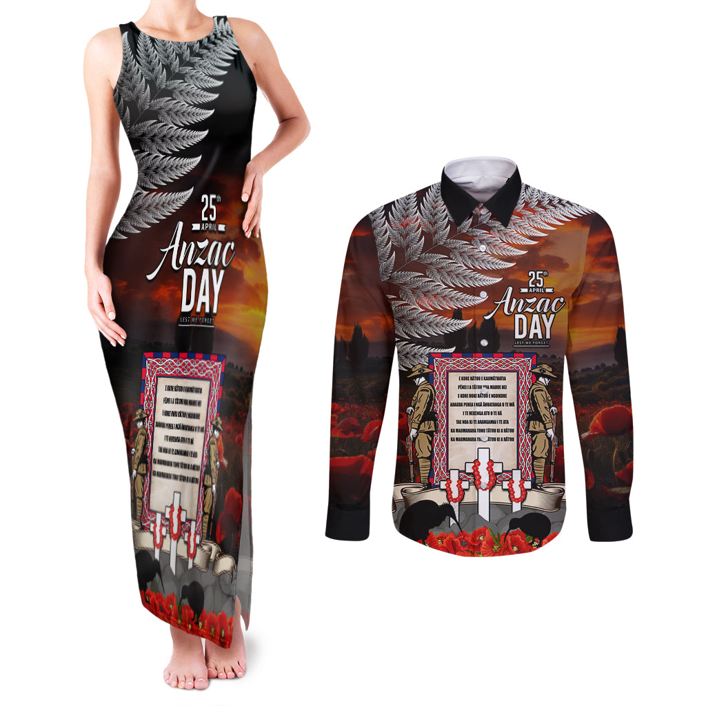 New Zealand ANZAC Day Couples Matching Tank Maxi Dress and Long Sleeve Button Shirt The Ode of Remembrance and Silver Fern LT03 Black - Polynesian Pride