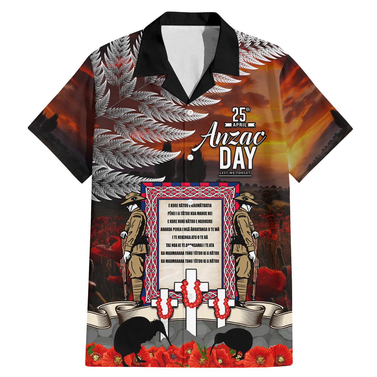 New Zealand ANZAC Day Family Matching Mermaid Dress and Hawaiian Shirt The Ode of Remembrance and Silver Fern LT03 Dad's Shirt - Short Sleeve Black - Polynesian Pride