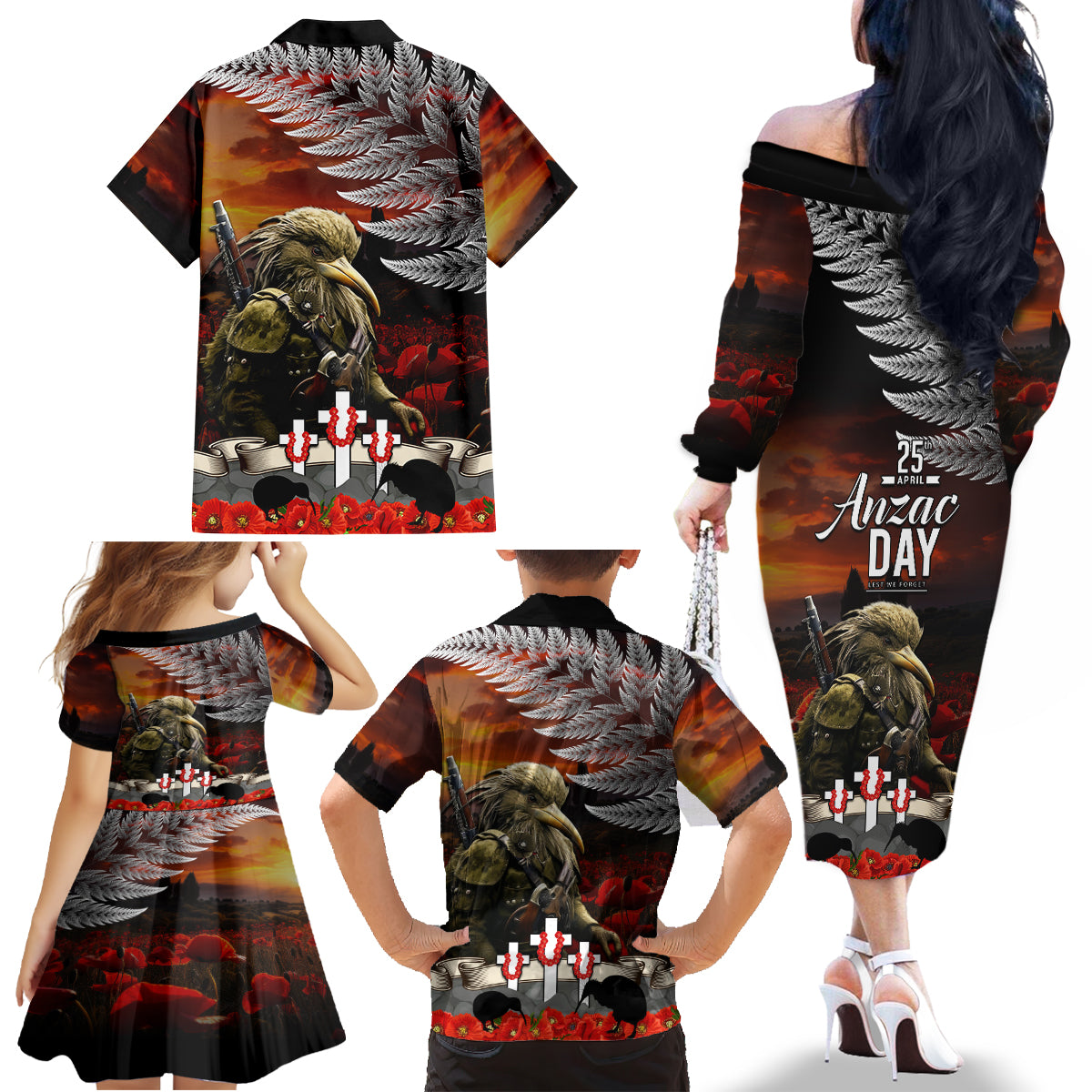 New Zealand ANZAC Day Family Matching Off The Shoulder Long Sleeve Dress and Hawaiian Shirt The Ode of Remembrance and Silver Fern LT03 - Polynesian Pride