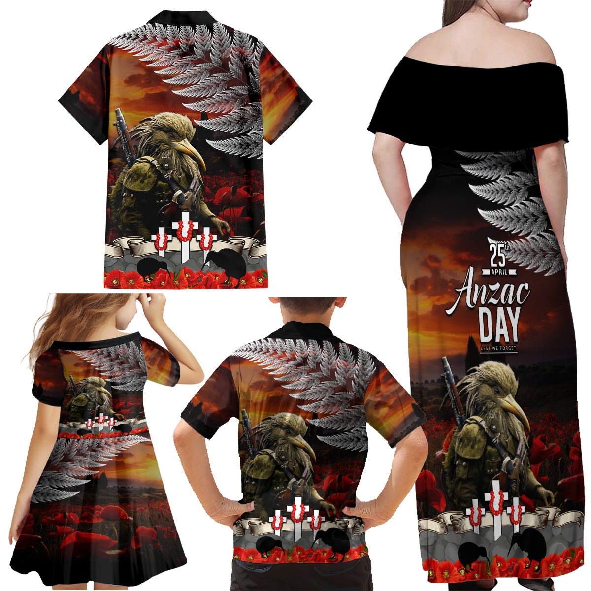 New Zealand ANZAC Day Family Matching Off Shoulder Maxi Dress and Hawaiian Shirt The Ode of Remembrance and Silver Fern LT03 - Polynesian Pride