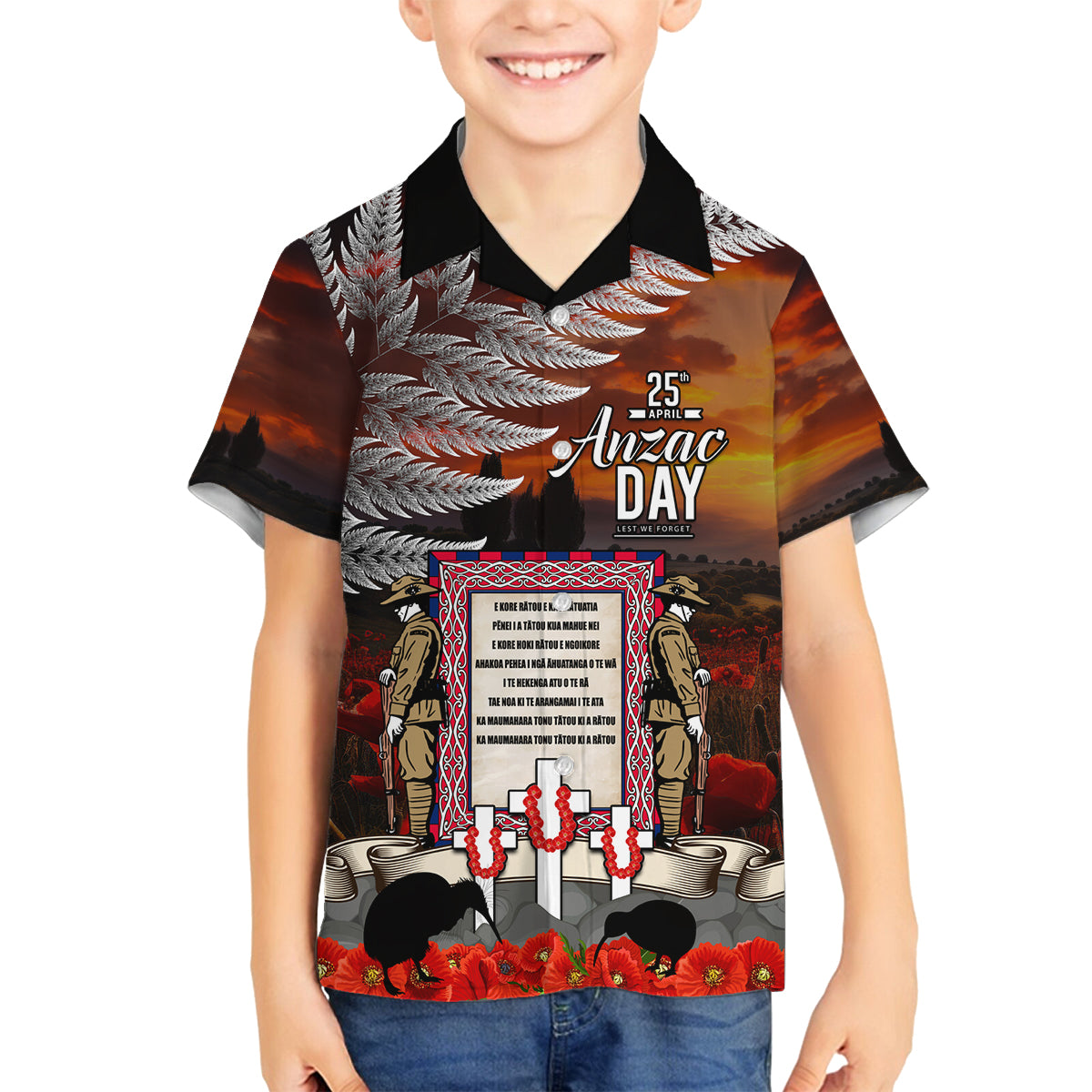 New Zealand ANZAC Day Family Matching Off Shoulder Maxi Dress and Hawaiian Shirt The Ode of Remembrance and Silver Fern LT03 Son's Shirt Black - Polynesian Pride