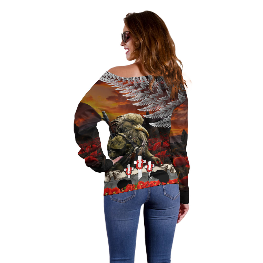 New Zealand ANZAC Day Off Shoulder Sweater The Ode of Remembrance and Silver Fern LT03 - Polynesian Pride