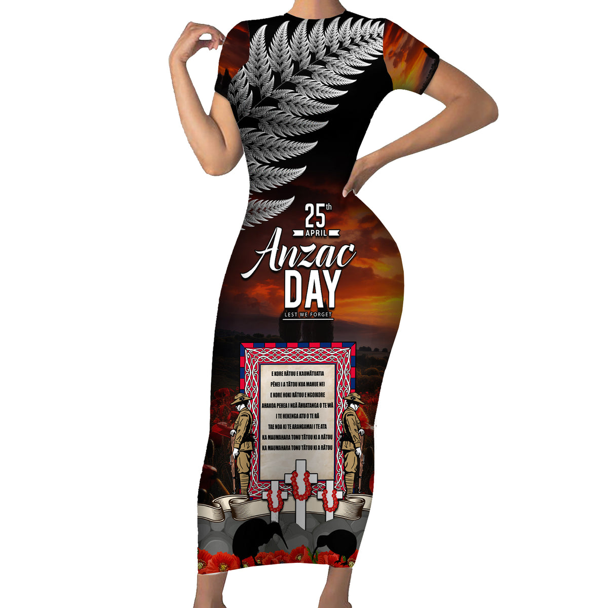New Zealand ANZAC Day Short Sleeve Bodycon Dress The Ode of Remembrance and Silver Fern LT03 Long Dress Black - Polynesian Pride