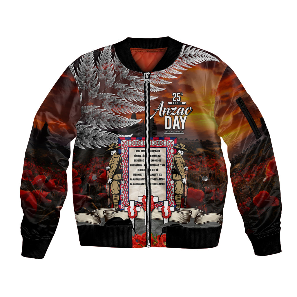 New Zealand ANZAC Day Sleeve Zip Bomber Jacket The Ode of Remembrance and Silver Fern LT03 Unisex Black - Polynesian Pride