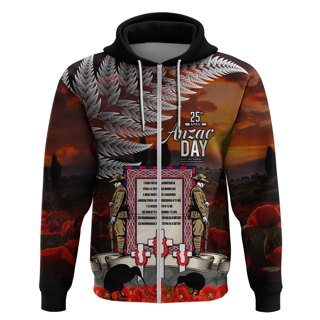 New Zealand ANZAC Day Zip Hoodie The Ode of Remembrance and Silver Fern LT03 Zip Hoodie Black - Polynesian Pride