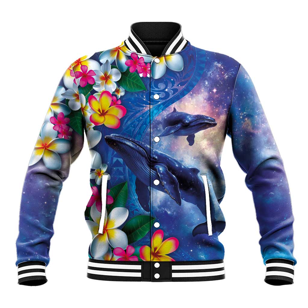 Hawaiian Lei Day Plumeria Humpback Whales Baseball Jacket Polynesian Art Vibrant Starry Nebula Style