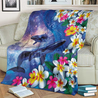 Hawaiian Lei Day Plumeria Humpback Whales Blanket Polynesian Art Vibrant Starry Nebula Style