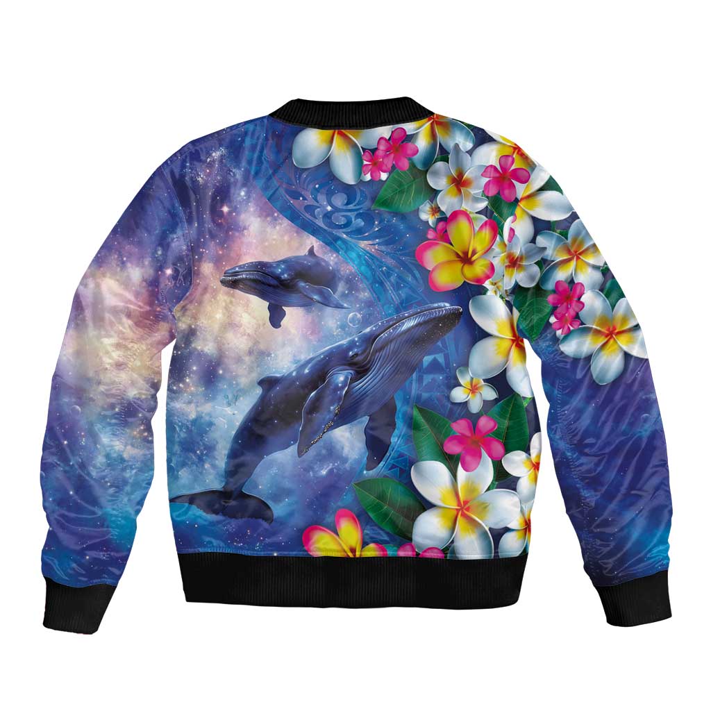Hawaiian Lei Day Plumeria Humpback Whales Bomber Jacket Polynesian Art Vibrant Starry Nebula Style