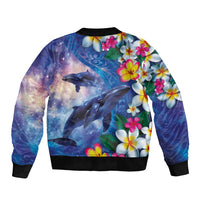 Hawaiian Lei Day Plumeria Humpback Whales Bomber Jacket Polynesian Art Vibrant Starry Nebula Style