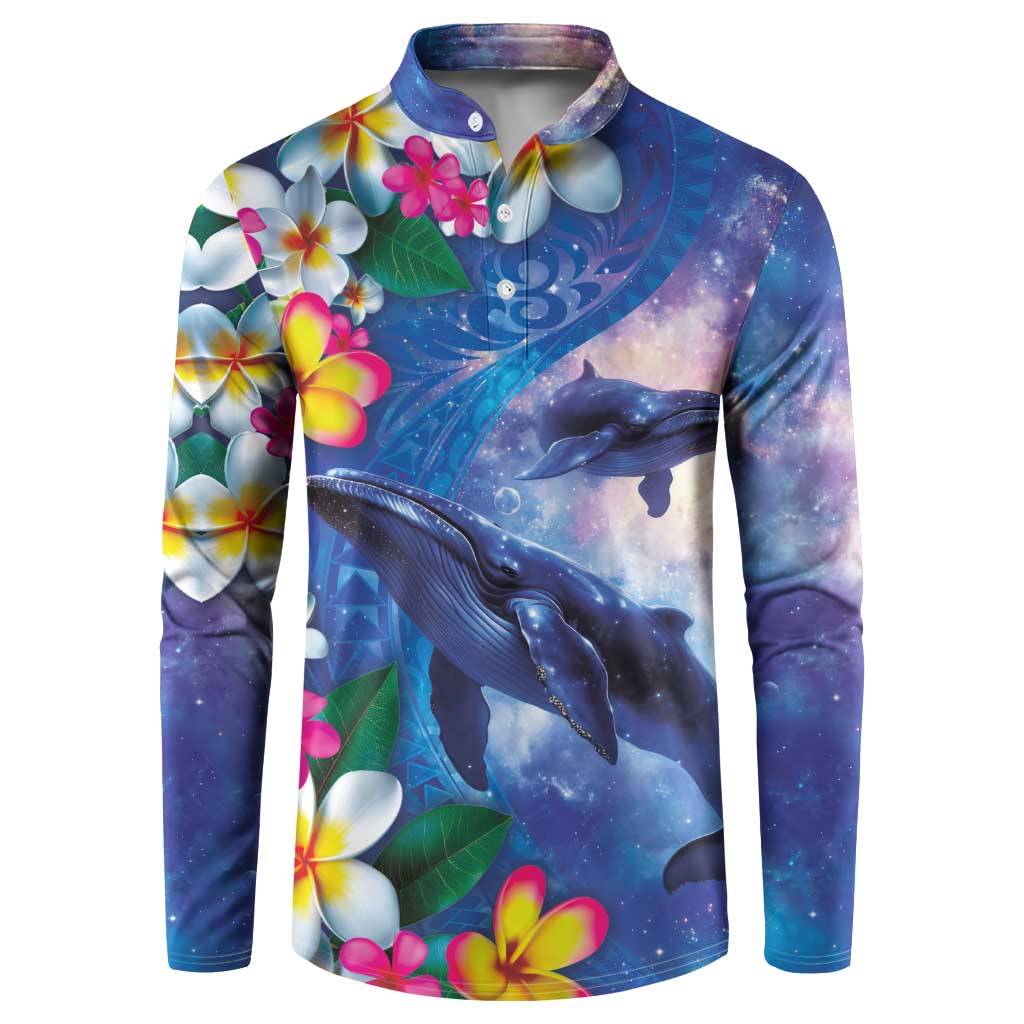 Hawaiian Lei Day Plumeria Humpback Whales Button Sweatshirt Polynesian Art Vibrant Starry Nebula Style