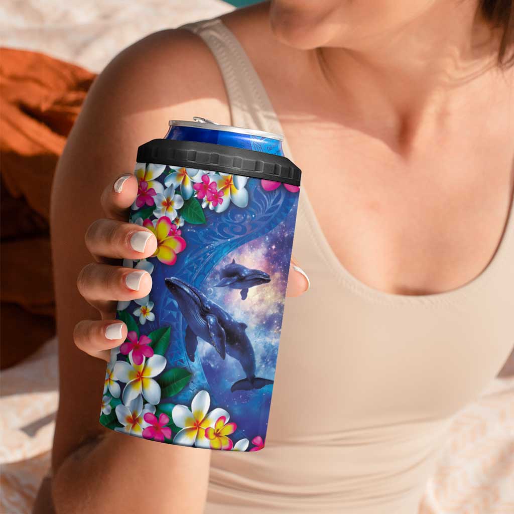 Hawaiian Lei Day Plumeria Humpback Whales 4 in 1 Can Cooler Tumbler Polynesian Art Vibrant Starry Nebula Style