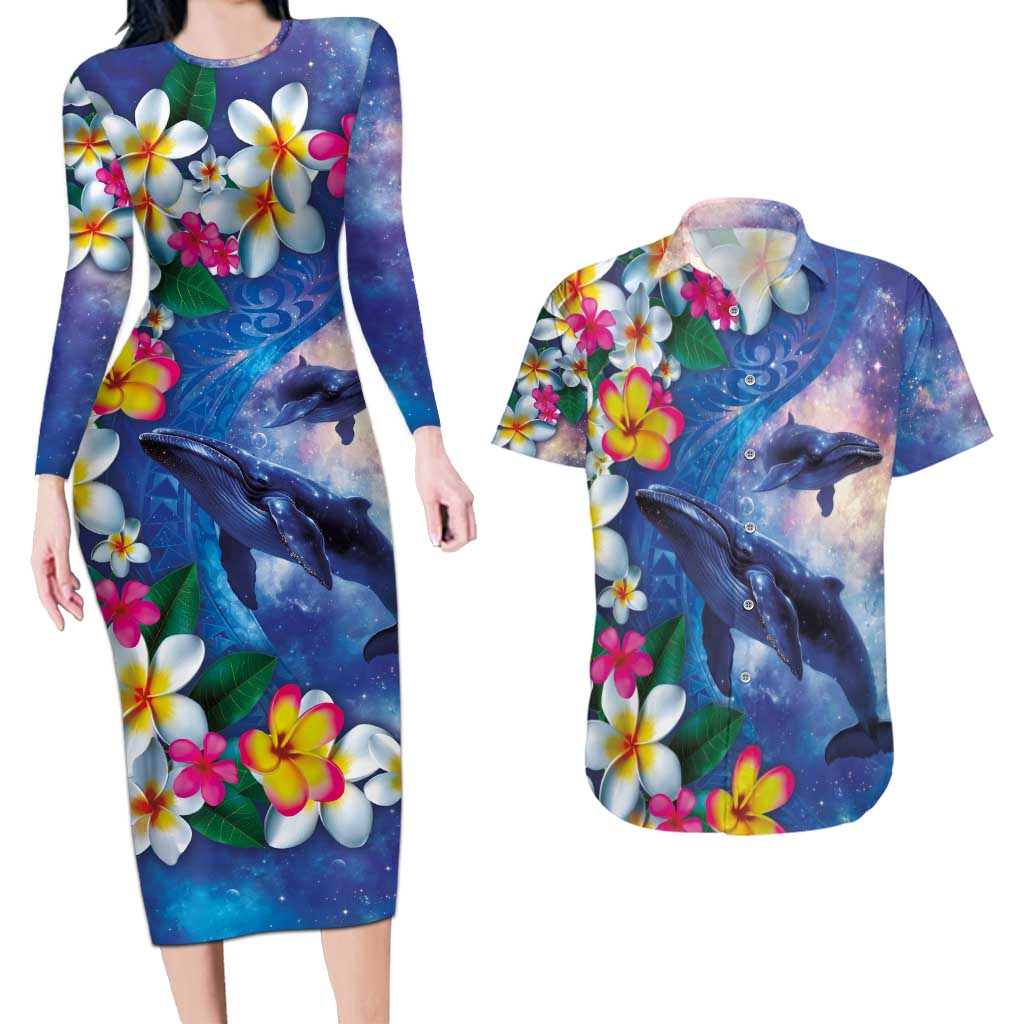 Hawaiian Lei Day Plumeria Humpback Whales Couples Matching Long Sleeve Bodycon Dress and Hawaiian Shirt Polynesian Art Vibrant Starry Nebula Style